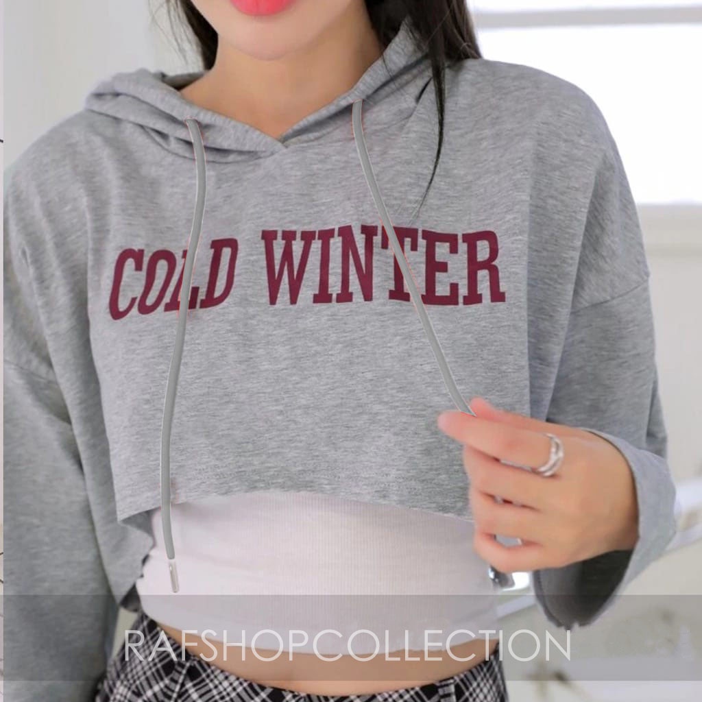 HOODIE Crop Cold Winter-atasan wanita-bahan fleece-atasan crop-hoodie korea