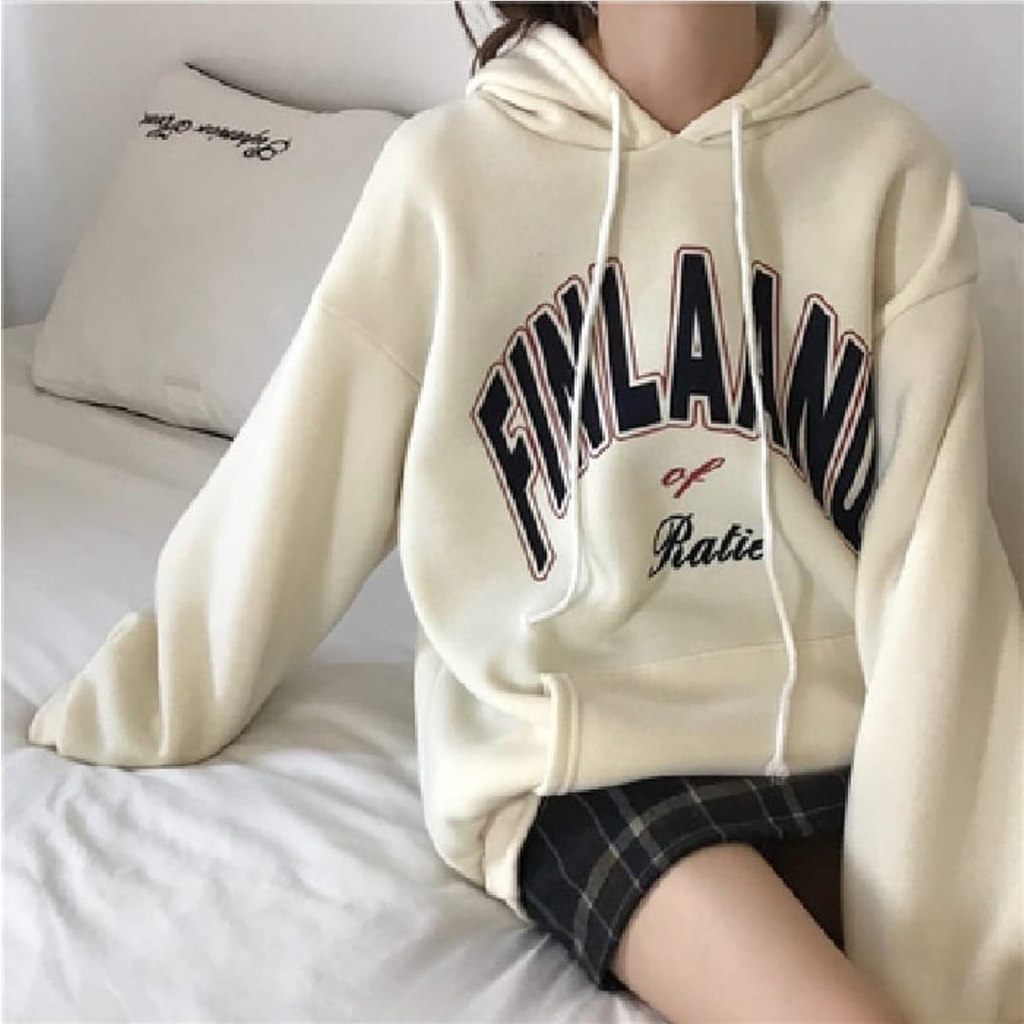 SWEATER HOODIE  WANITA / FINLAND HOODIE OVERSIZE SWEATER-creem