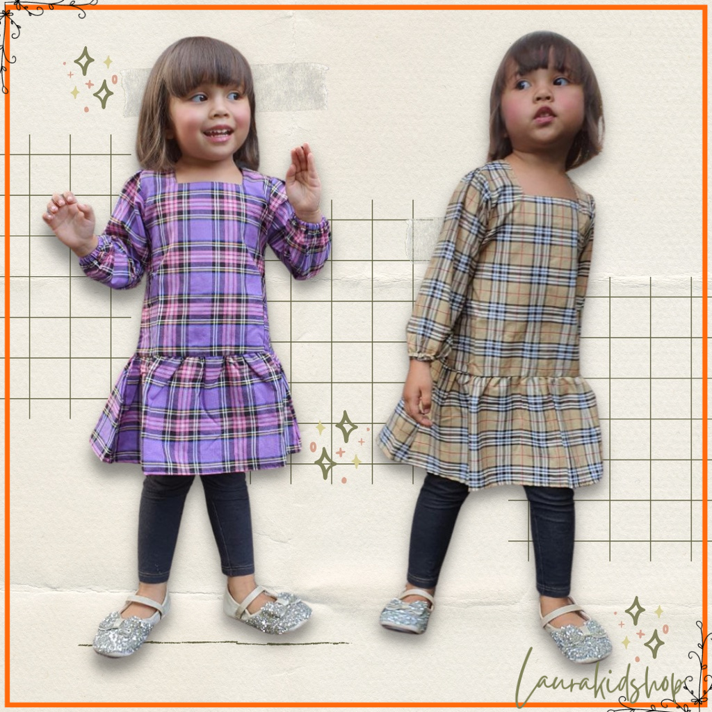 Dress Tunik Lengan Panjang Anak Perempuan Kotak-Kotak 3-7 Tahun laurakidshop