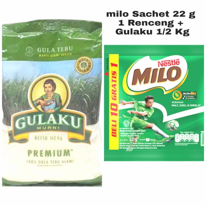 

Gulaku 1/2 Kg + Milo 22 g 1 Sachet - 1 Renceng