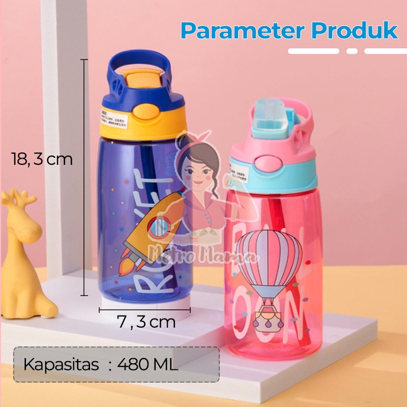 Botol Minum Anak Sedotan Motif Lucu Tali Lanyard BPA Free 480ml