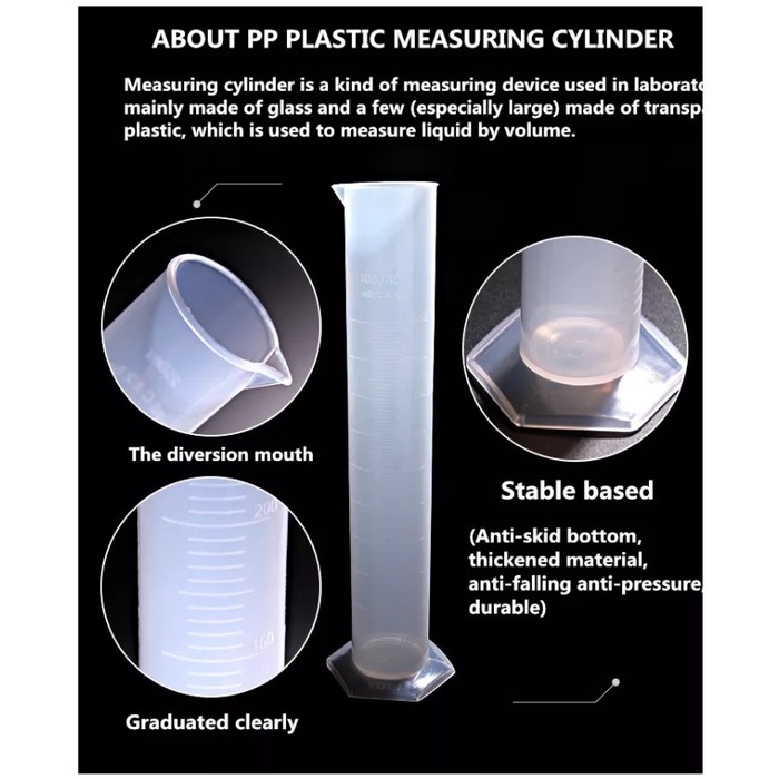 Gelas Ukur Plastik Lab bentuk Silinder Tabung Ukur Measuring Cylinder Gelas Takar 10ml 25ml 50ml 100ml 250ml 500ml 1000ml