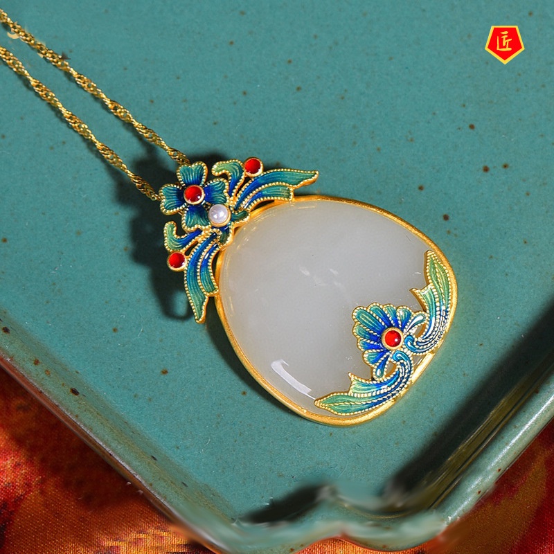 [Ready Stock]White Jade Gold Necklace Women's Retro Artistic Chinese Style