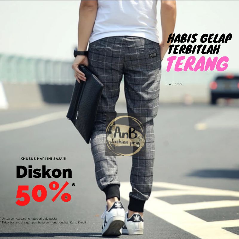 celana joger pria sweatpant garis kotak