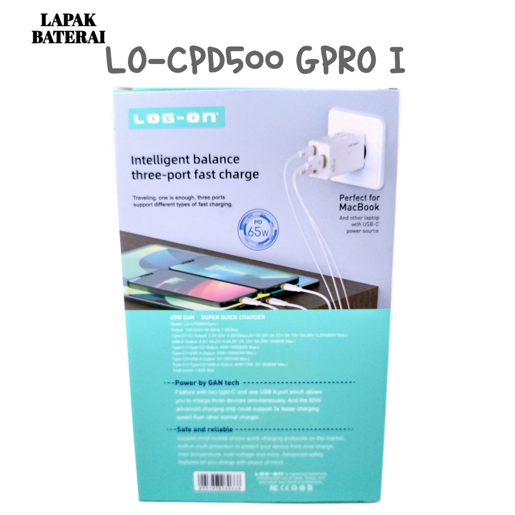 Log - on CPD500 65W GAN Batok Charger 3 Port PD3.0 QC4.0 Fast Charging Power Delivery