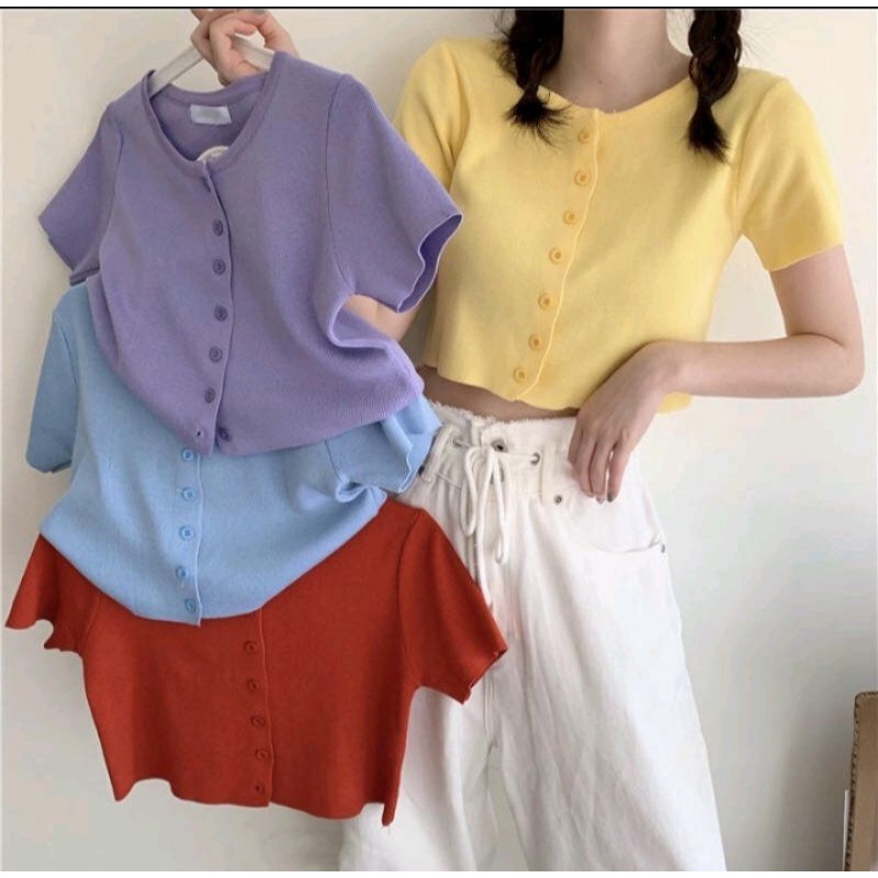 DC_ Cardigan Crop Kancing 7/ Lengan Pendek/Baju Rajut/Atasan Wanita/Crop Top Korean style (BB 35-55 kg)