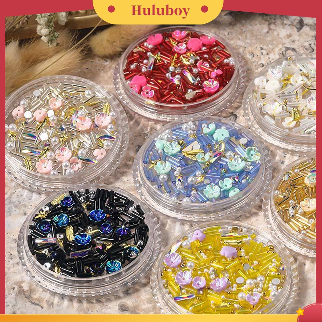 Huluboy Huluboy♡ 1 Kotak Ornamen Kuku 3D Bentuk Bunga Warna-Warni Untuk Wanita