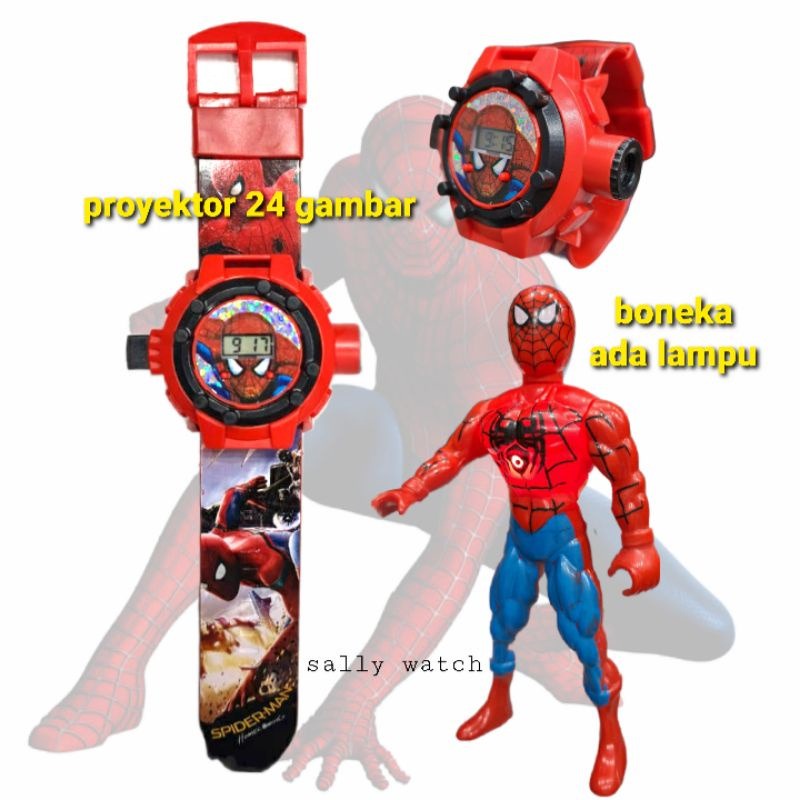 JAM TANGAN ANAK LAKI LAKI SPIDERMAN LAMPU PROYEKTOR 1 SET DENGAN MAINAN