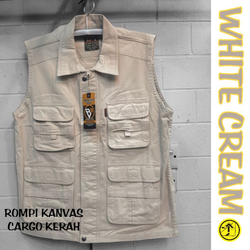 ROMPI KANVAS OUTDOOR KATUN CARGO | KERAH / OBLONG | Seragam / Lapangan / Rompi Pria / Wartawan / Relawan / Bisa Dibordir / Mancing / Vest / Jaket Rompi / Motor / SAR / ACT / Hijau Army / Hitam / Coklat Khaki / Krem by~ Braten Fox