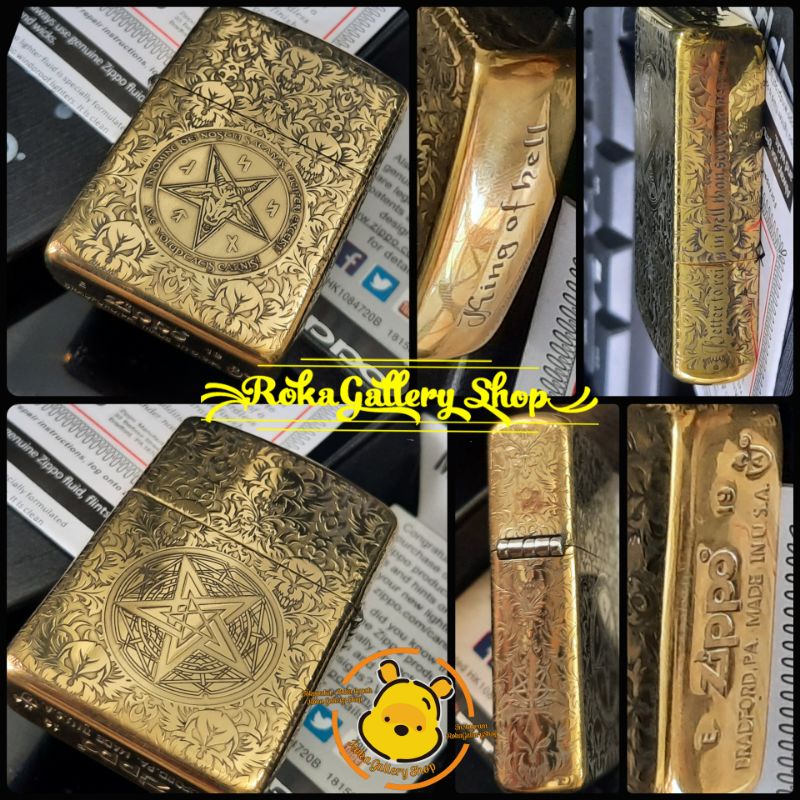 zippo baphomet satanis koing of hell lucifer skull patter star daud armor brass korek zippo