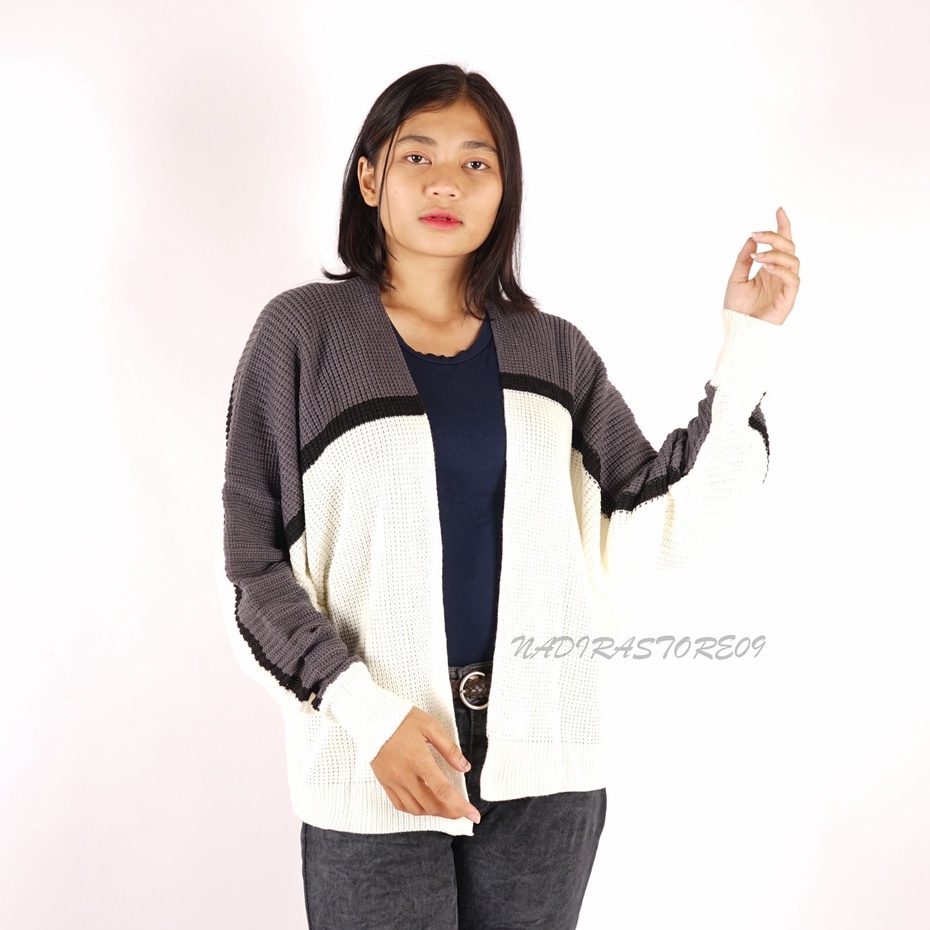 CARDIGAN BATWING RAJUT OVERSIZE PREMIUM / KOMBINASI / ABU TUA OFF WHITE STRIP HITAM