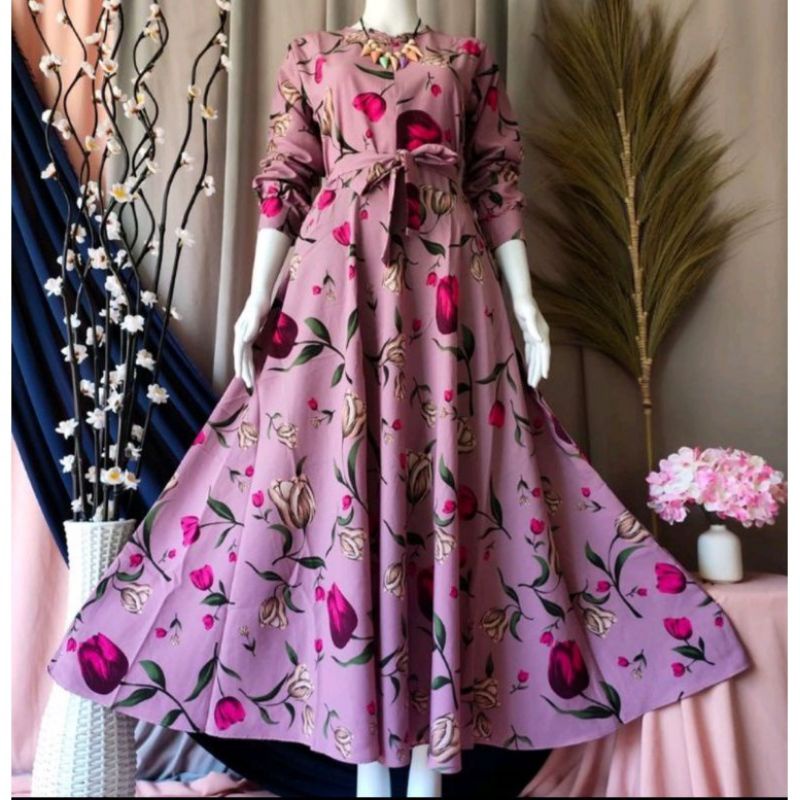 GAMIS MUSLIM JUMBO MOTIF BUNGA TULIP TERBARU 2022 BAHAN KATUN