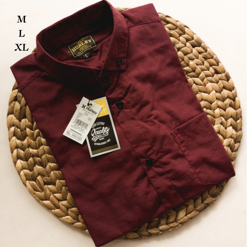 Kemeja Polos Pria Maroon Lengan Pendek Original Hurley