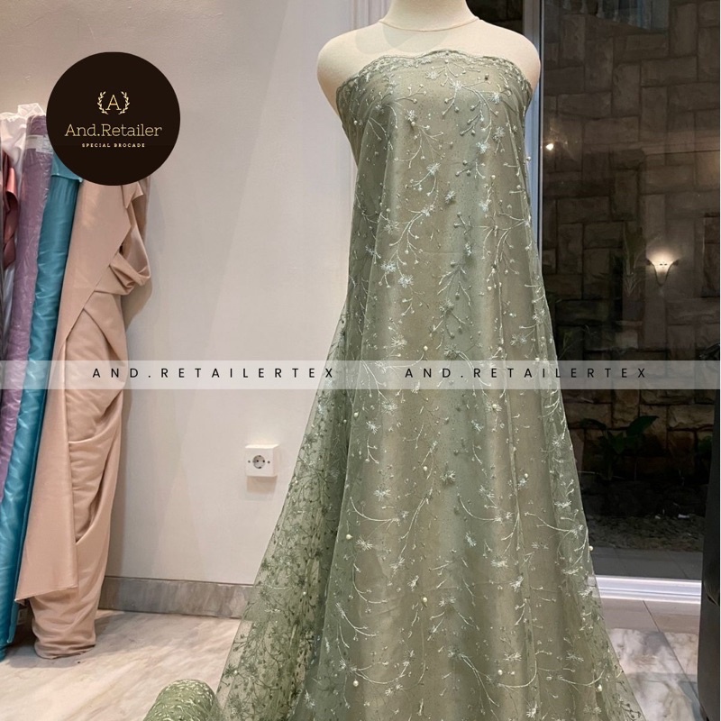 Kain Bahan Kebaya Brokat Tile Mutiara Lotus New Series Warna Sage Green