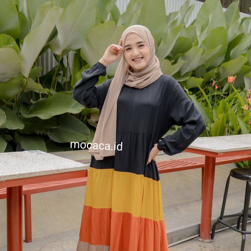 midi dress campur warna rainbow hitam kuning orens coksu cream busui friendly ootd update 2021sleting wudhu lengan karet