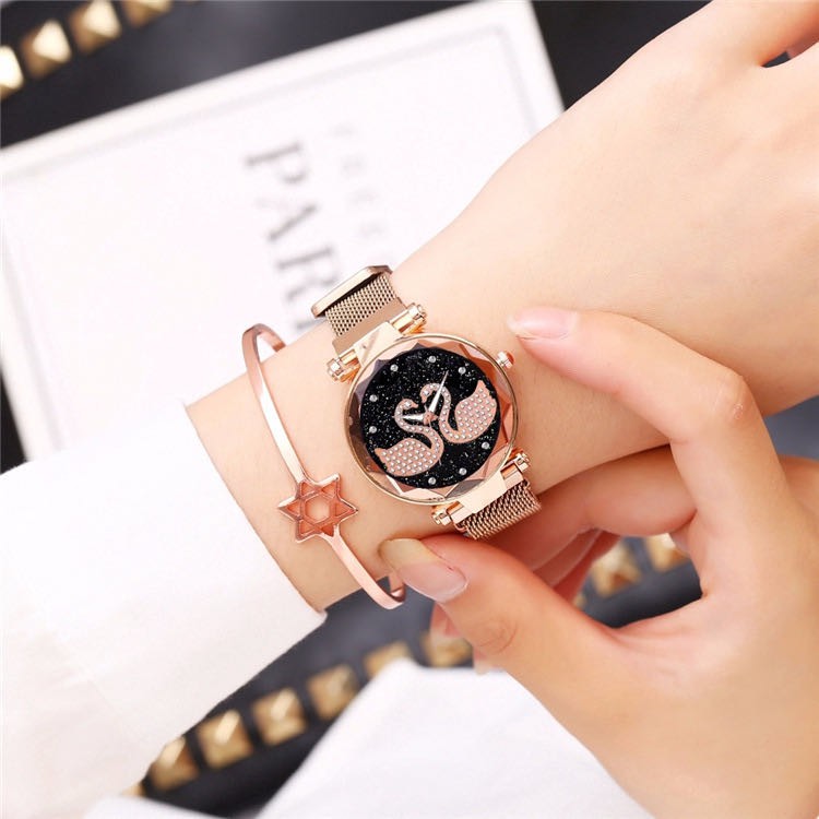 Jam Tangan Wanita Korea Strap Magnet Angsa Double/Jam Tangan Magnet Angsa Swarosvsky (2 angsa)