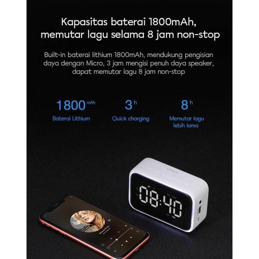 Speaker Portable 5.0 VIVAN VS5 Dual Smart Bluetooth Alarm Clock SD Card AUX USB