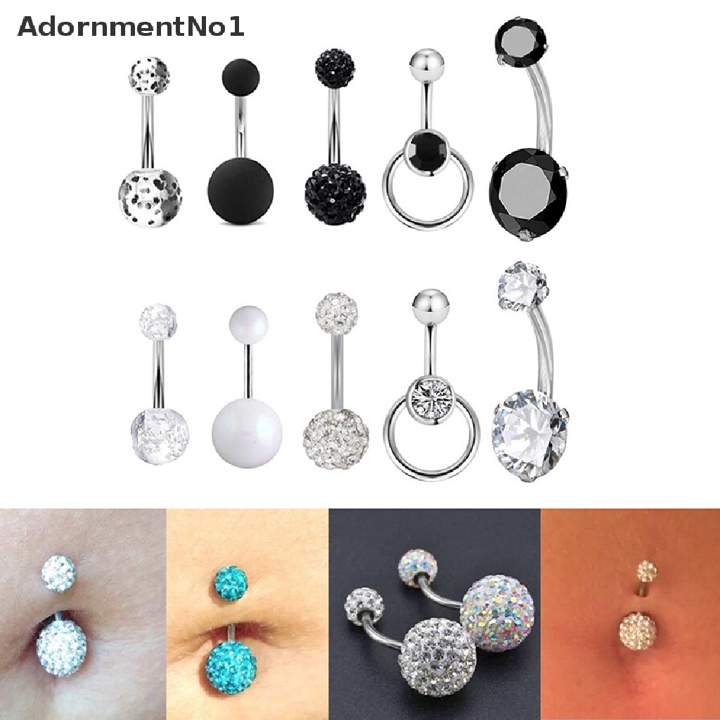 (AdornmentNo1) 5pcs / Set Anting Tindik Perut / Pusar Bentuk Barbel Aksen Kristal Untuk Perhiasan Wanita