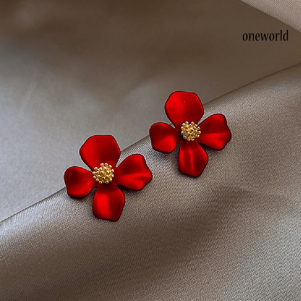 OW# 1 Pair Women Sweet Red Flower Shape Four Petals Ear Stud Earring Jewelry Accessory