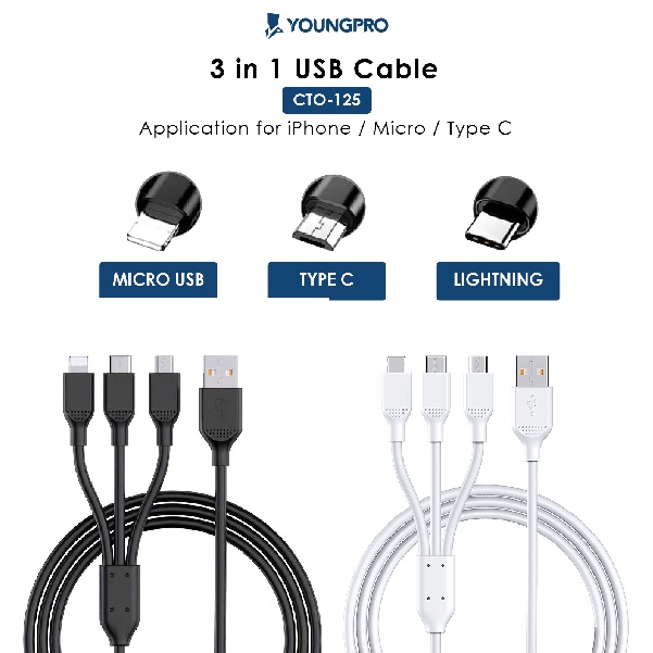 YOUNGPRO CTO-122 Cable Data HP 3in1 USB Micro Type C Lighting IPhone 1 Kable 3 Fungsi Kabel Charger Handphone 120cm Warna Putih dan Hitam