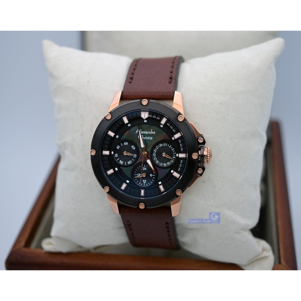 Alexandre Christie AC 6416 Rose Gold Black Leather Brown Ladies Original