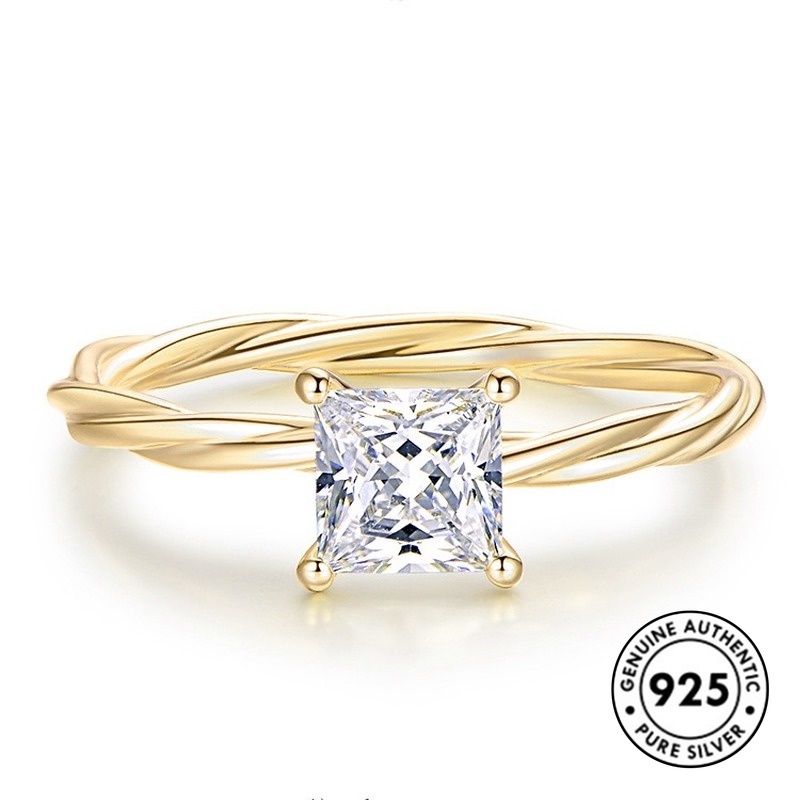 Cincin Lapis Silver S925 Bentuk Kotak Aksen Berlian Gaya Retro Untuk Wanita