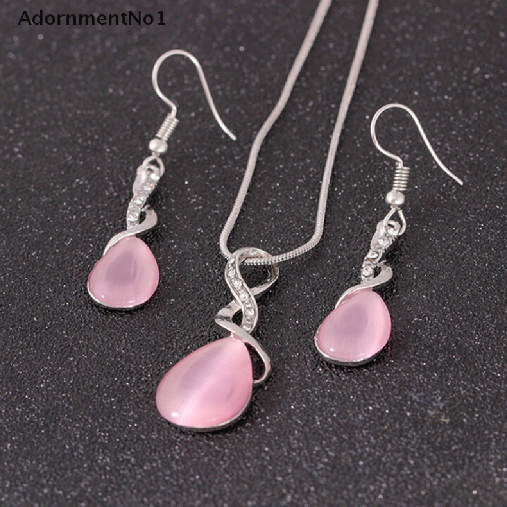 (AdornmentNo1) Set Kalung + Anting Tusuk Gantung Desain Tetesan Air Hias Opal Kristal Untuk Wanita