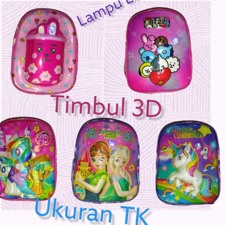 (SIAP KIRIM) Tas Ransel Anak Perempuan TK/  Paud  3D Timbul Lampu LED Frozen Bt21 Boba Unicorn Kuda 