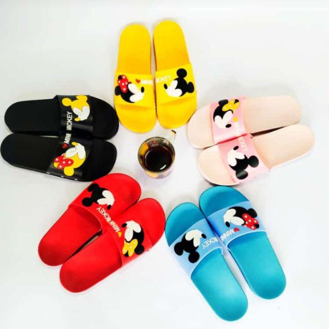 12.12 SALE SANDAL SLOP MICKEY MINNI SLIP ON KARAKTER TIMBUL SANDAL WANITA-Hitam