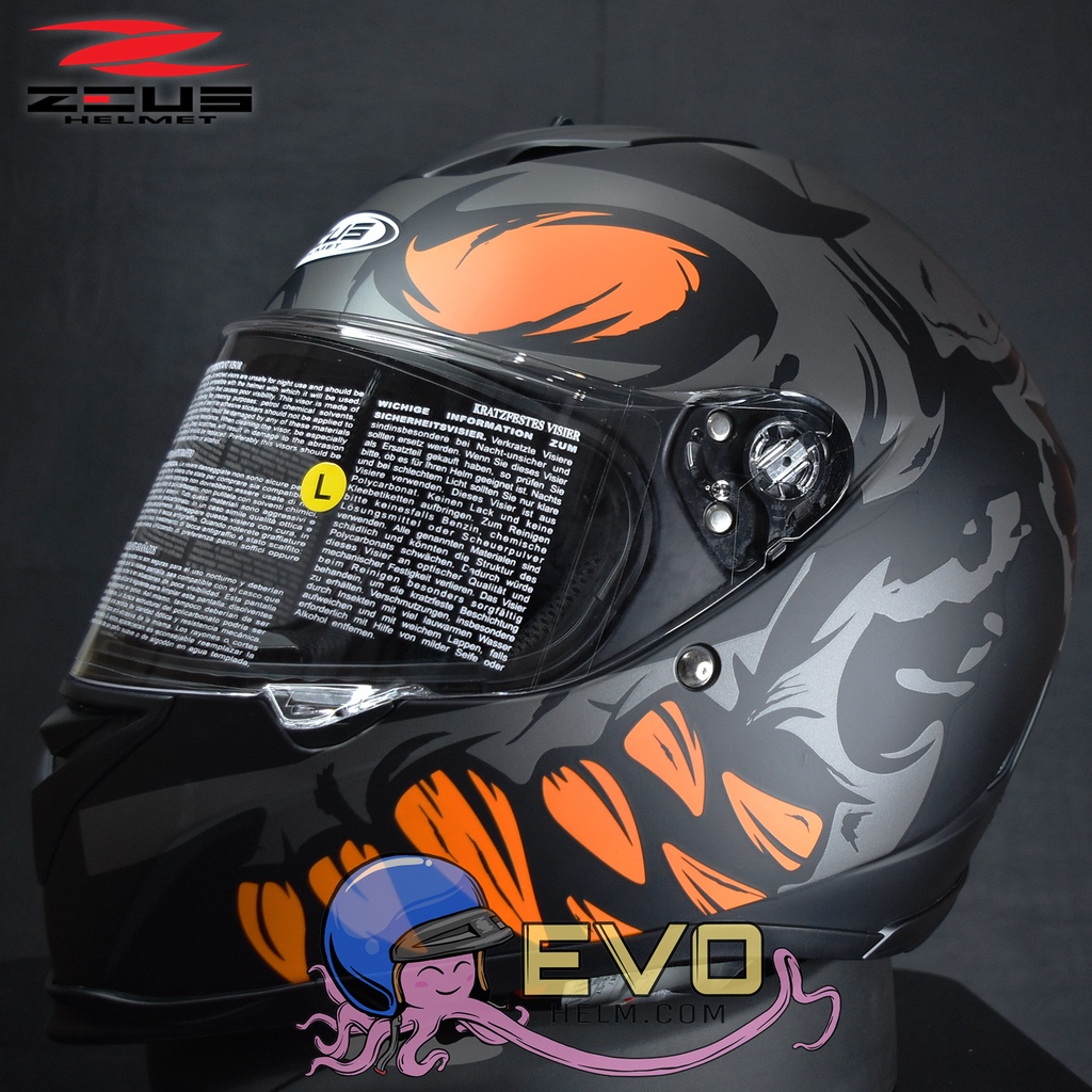 ZEUS ZS- 822B MBLK AN27 ORANGE FULL FACE FLAT VISOR (FREE DARK SMOKE VISOR)