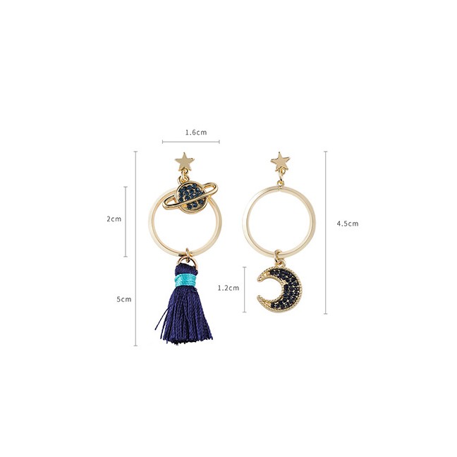 LRC Anting Tusuk Fashion Asymmetric Planet Moon Ring Tassel Earrings D84907