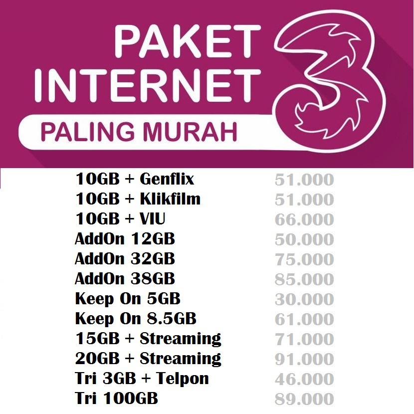 Internet Paket Data Tri 3gb 10gb 12gb 20gb 32gb 100gb 150gb Shopee Indonesia