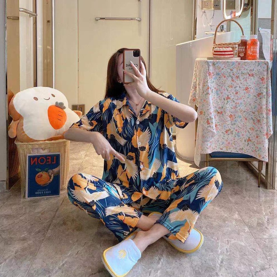 Baju tidur wanita / Piyama Cp baju tidur wanita krah pendek import kotak freesize-CP.K BATIK MERAK