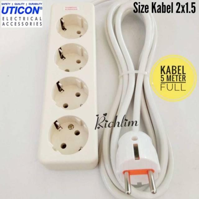 Stop Kontak Uticon 4 Lubang/Colokan Listrik+Steker Arde+Kabel 2x1.5 Serabut 5 Meter