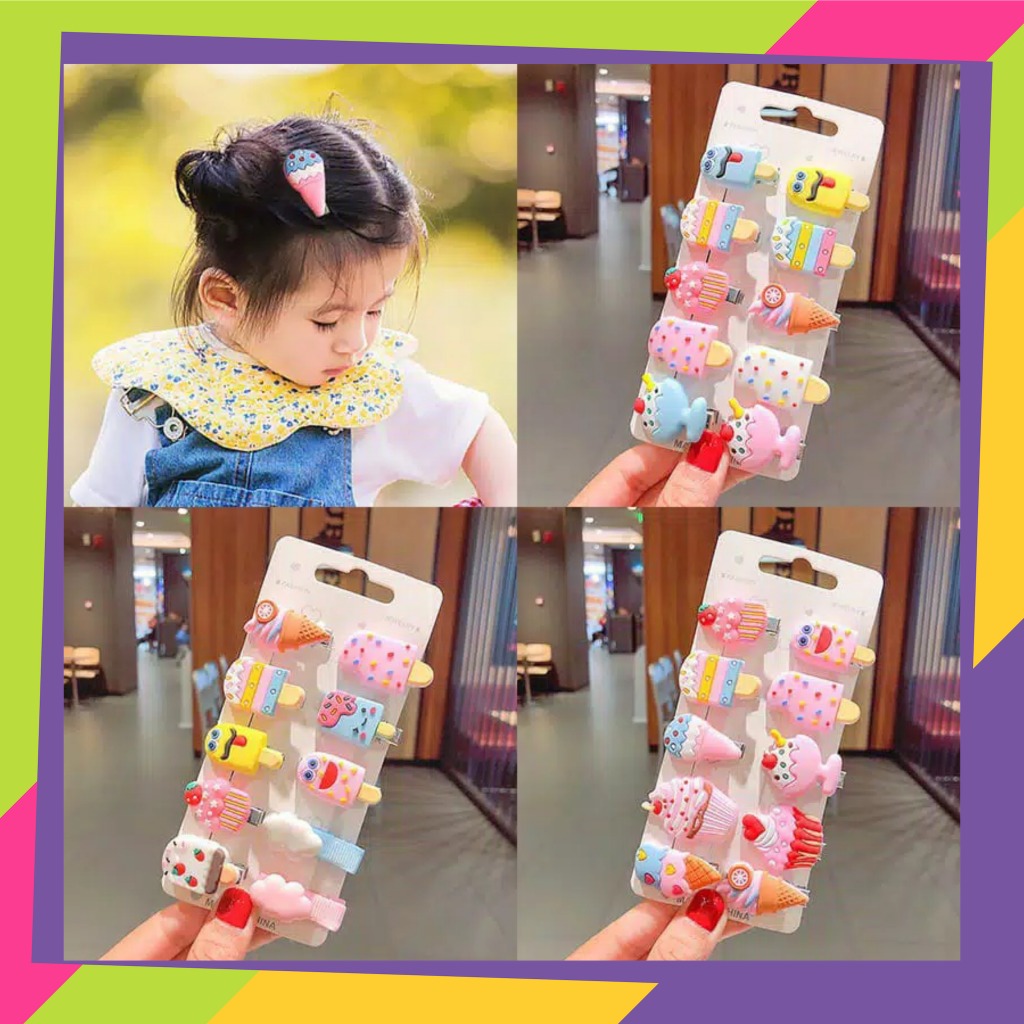 1253D1 / Set klip jepit rambut kartun / Unicorn / Pelangi / Es krim