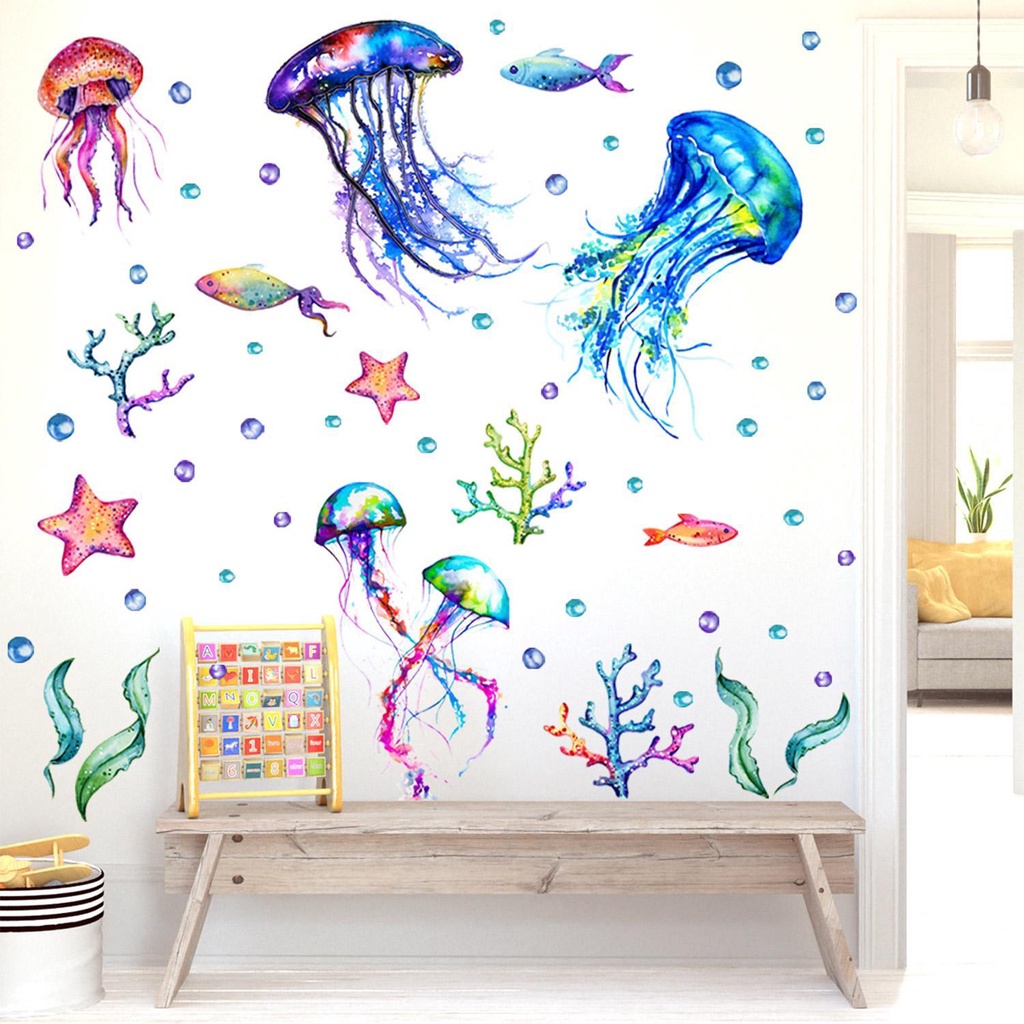 R-flower Ocean Jellyfish Wall Stiker Kamar Tidur Anak Rumput Laut/Bintang Laut/Gelembung Vinyl Bawah Laut Dekorasi Rumah