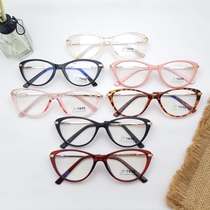 Frame/Kacamata Cat Eye wanita Best Seller 9011 Size 58.15.140 Paket Lensa Photocromic Dan radiasi bl