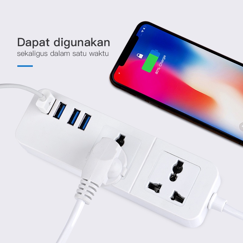 Safety Stop Kontak/Power Strip 2 Soket +4 Smart USB Port Universal Hitam/Putih