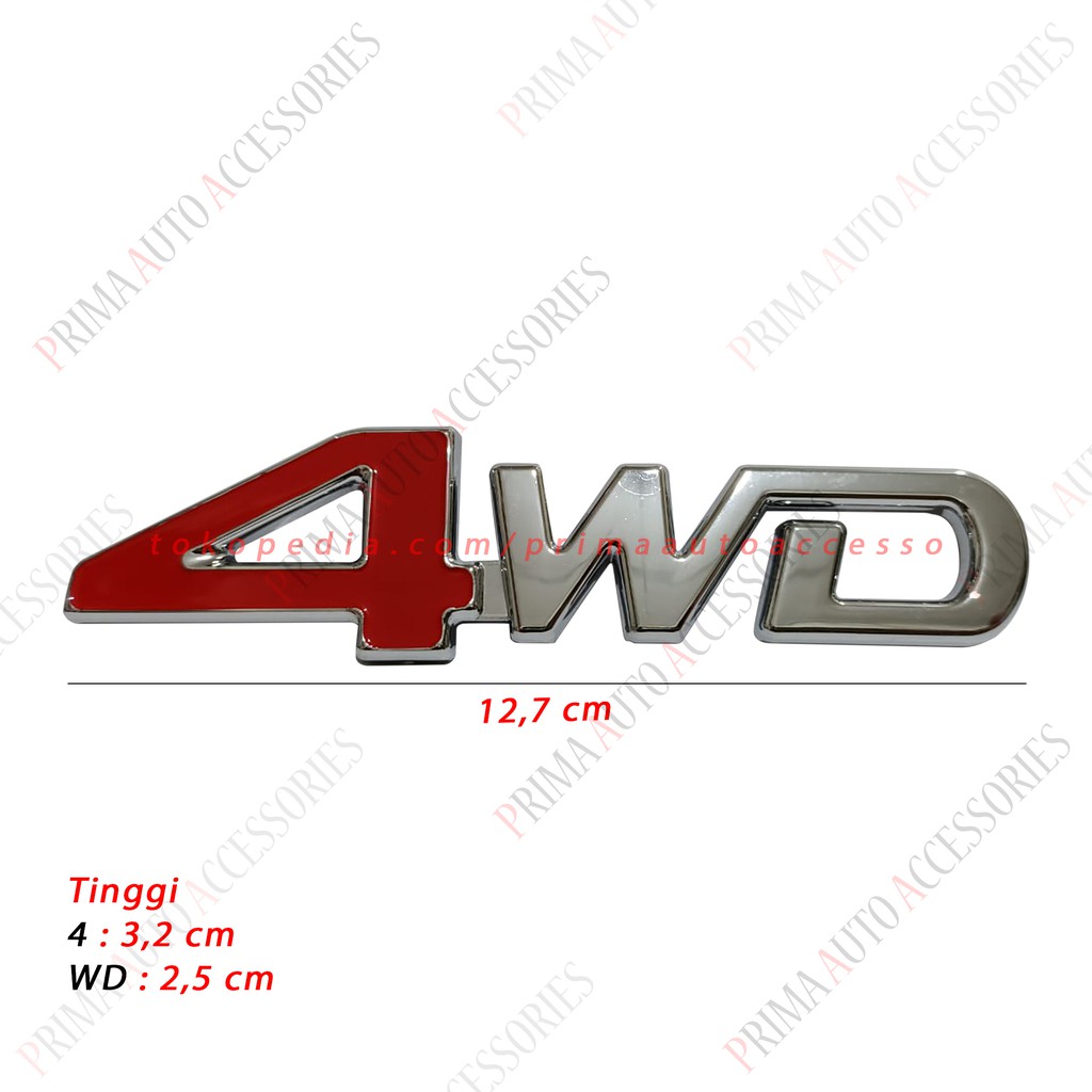 Emblem Mobil Tulisan 4WD Warna Merah-Chrome 12,7 cm