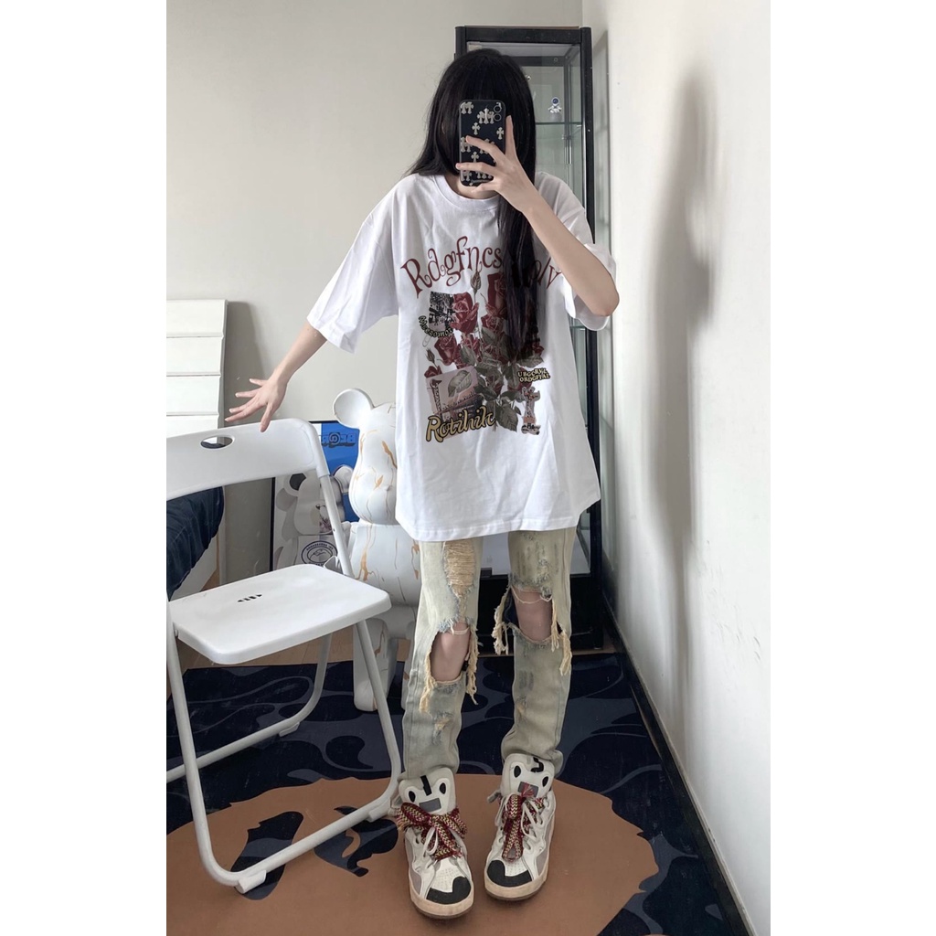 EUNII T-shirt Lengan Pendek Retro Mawar Pencetakan Longgar Korean Style/Kaos Atasan Wanita/Baju Kaus Oversize Wanita