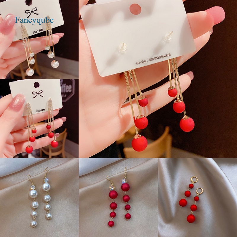 Fancyqube Anting Stud Kristal Mutiara Berlian Imitasi Model Pita Bunga Cherry Merah Untuk Wanita