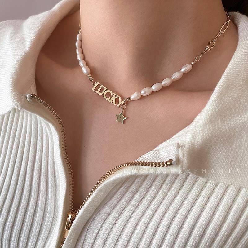 Kalung choker Rantai Klavikula Desain Bintang Keberuntungan Aksen Mutiara Untuk Wanita