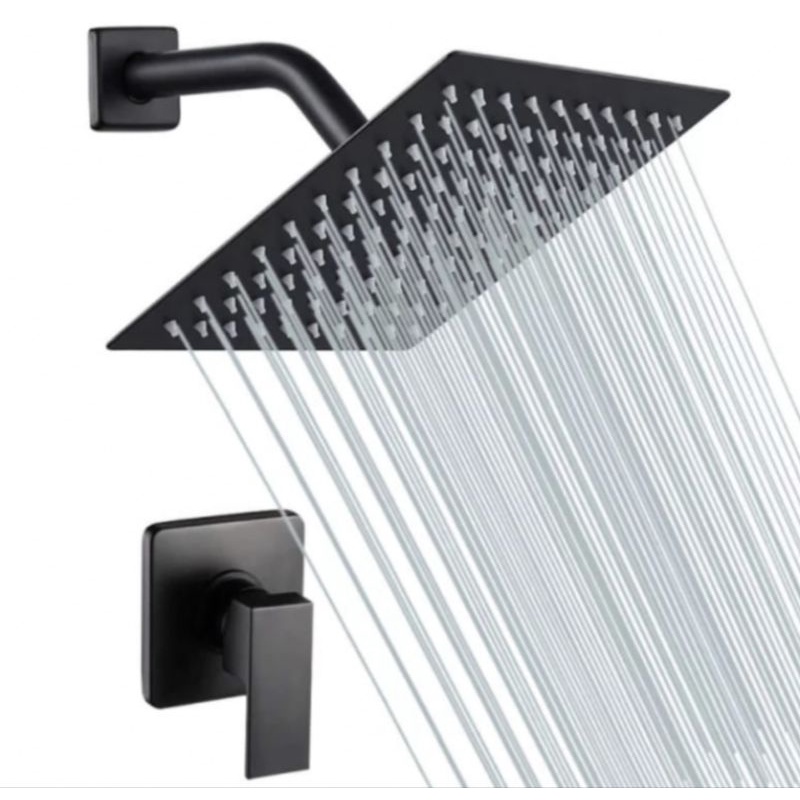 Paket Wall Shower Tanam Tembok Minimalis + Stop Keran Tanam Engkol Hitam Black