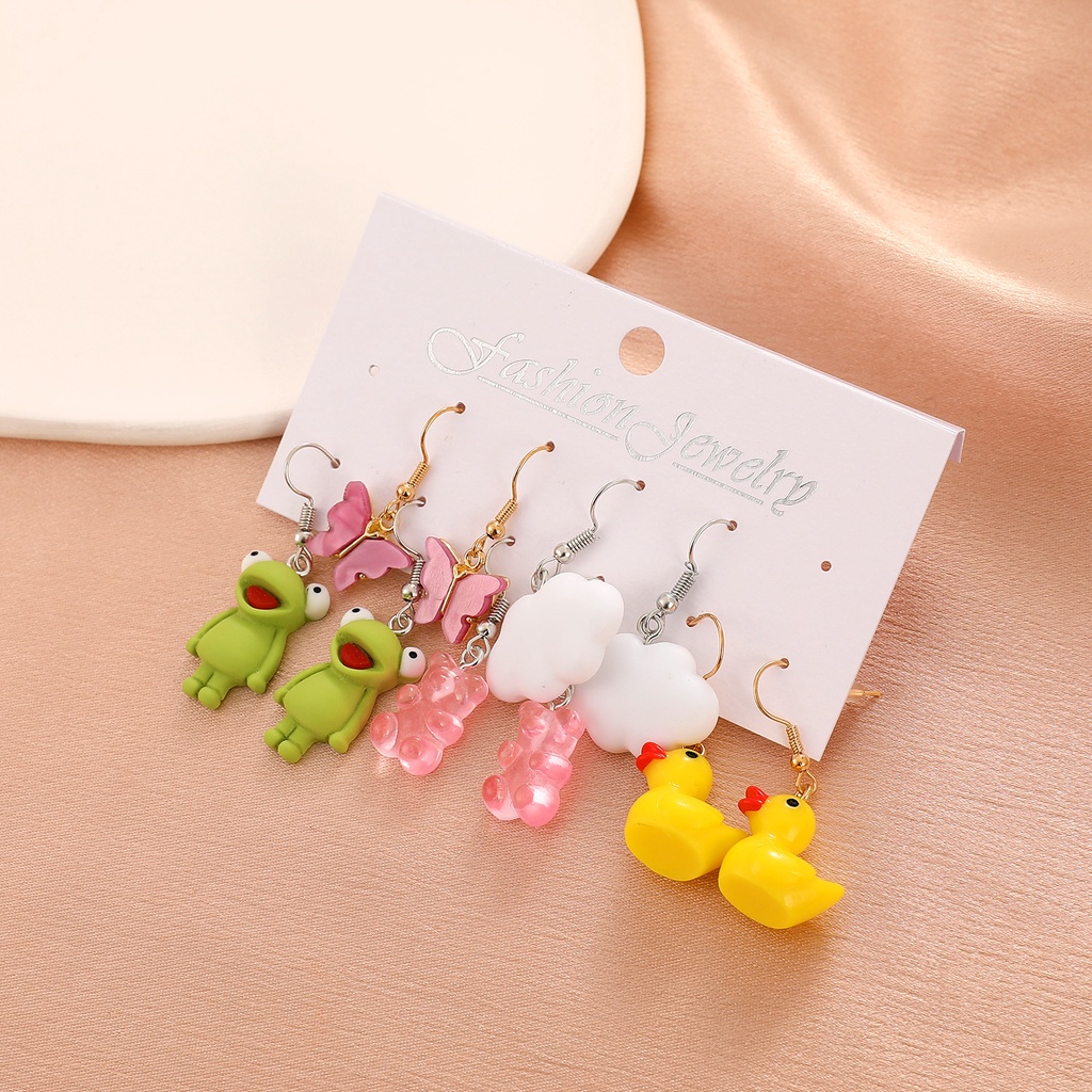 5pcs / Set Anting Desain Kartun Butterfly Frog Bebek Kuning Bahan Akrilik