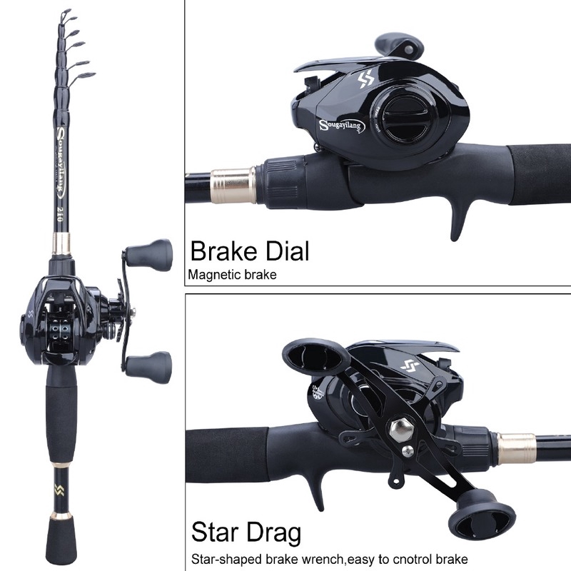 Sougayilang Telescopic Fishing Rod Reel Set 1.8m-2.4m Ultralight Weight Casting Fishing Rod dan 7.2:1 Gear Ratio 12 + 1BB Baitcasting Fishing Reel Combo pancingan set lengkap