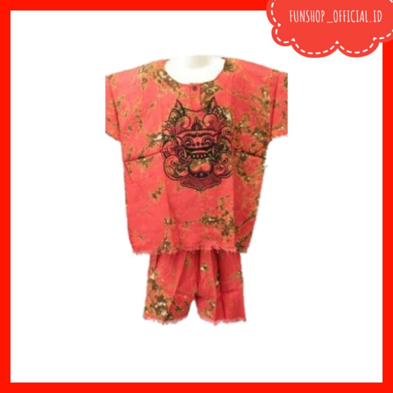 Setelan Baju dan Celana Pendek Motif Gambar Barong Bali Cewek / Cowok warna merah