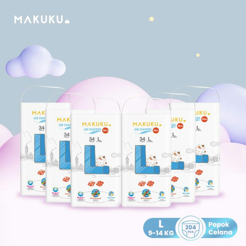 Makuku Air Diapers Pants L34, tipe celana, new born baby diapers, cotton soft, super dry, pampers