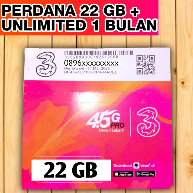 Kartu Tri 22GB Local JATIM + Unlimited Youtube 30 Hari (CETAKAN LAMA) KUOTA FULL