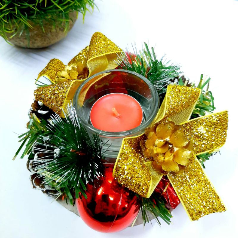 Tempat Lilin Doa Krans Natal Hiasan Dekorasi Kado Natal Pita Gold Pinus Aksesories Lilin