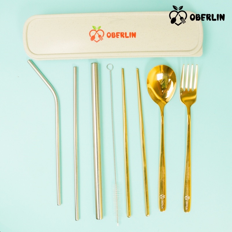 sendok korea set full gold+sedotan stainless set